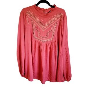 Torrid 1 Crinkle Gauze Top Rust‎ Orange Print Plus Baked Apple 1X LS Embroid NWT